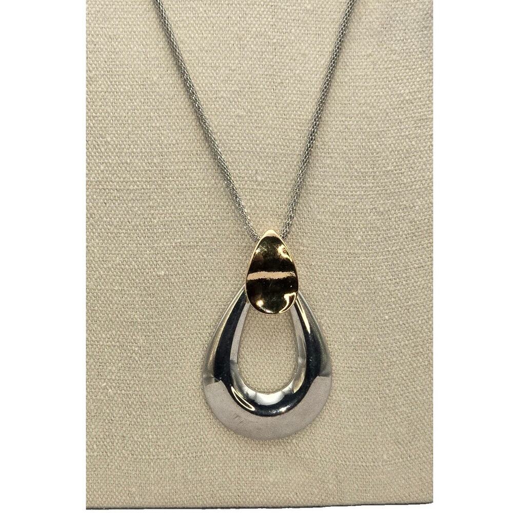 Teardrop Two Tone Pendant Necklace Silver Gold Long Statement Modern Chic